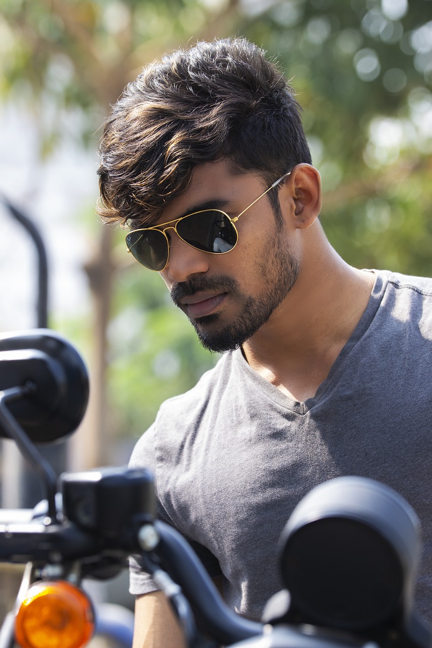 fashion, men, man, biker, glasses, hair, style, street, outdoor, model, t shirt, male model, handsome, chopper, bike, rider, indian